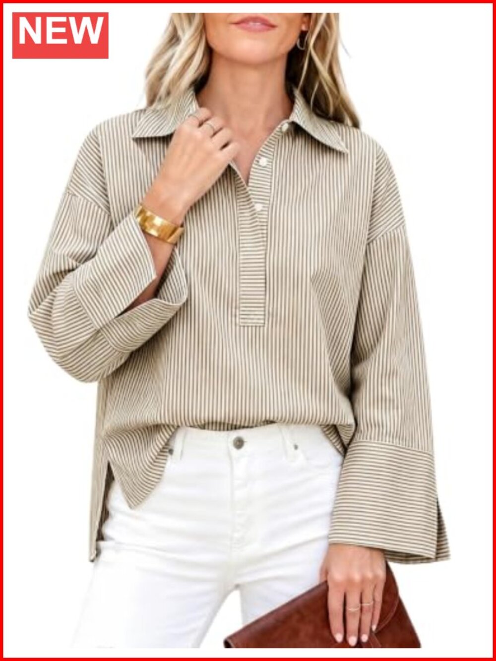 Women Striped Cotton Henley Blouse